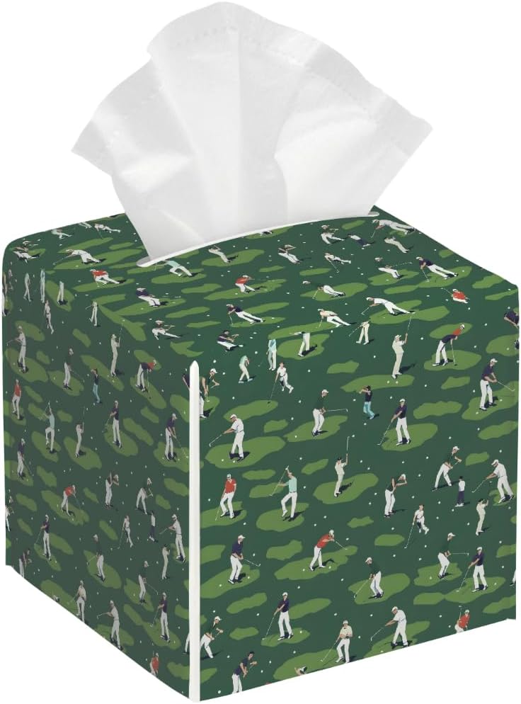 Square Leather Tissue Box Cover, Waterproof Napkin Dispenser with Golf Golf Player Print, Tissue Holder for Bathroom, Living Room, Bedroom, Office, and Car Decor