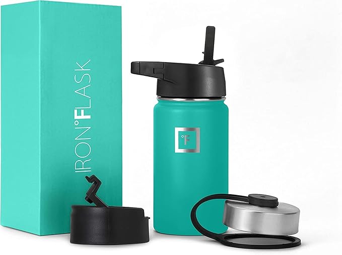 IRON °FLASK Sports Water Bottle - Wide Mouth with 3 Spout Lids - Stainless Steel Gym & Outdoor Bottles for Men, Women & Kids - Double Walled, Insulated Thermos, Metal Canteen - Aquamarine, 14 Oz