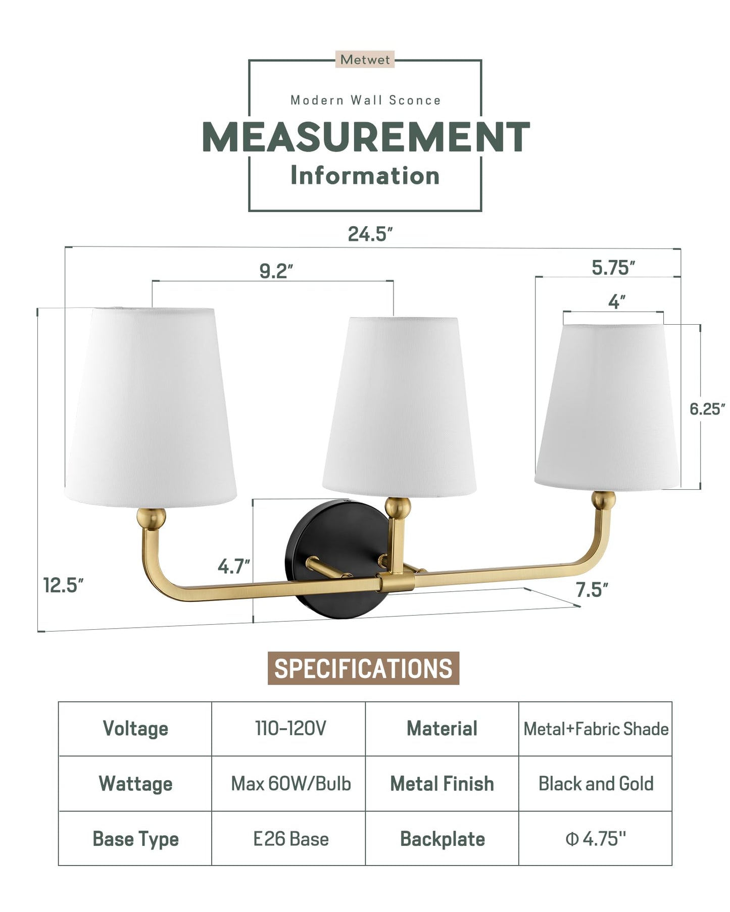 Metwet Bathroom Light Fixtures  Black And Gold Vanity Lights With Flared White Fabric Shade  3-Light Wall Sconce  Modern Sconces Wall Lighting For Hallway Bedroom  Vl837-Kg-3
