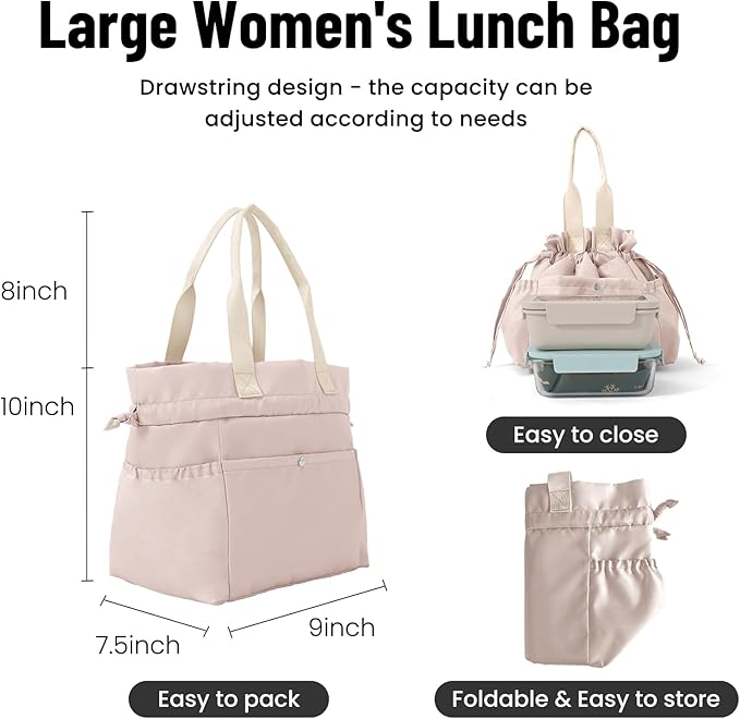 MEXS Lunch Bag for Women Reusable Drawstring Insulated Lunch Box Stain-Resistant Large Cinch Closure Lunch Bags for Work Office