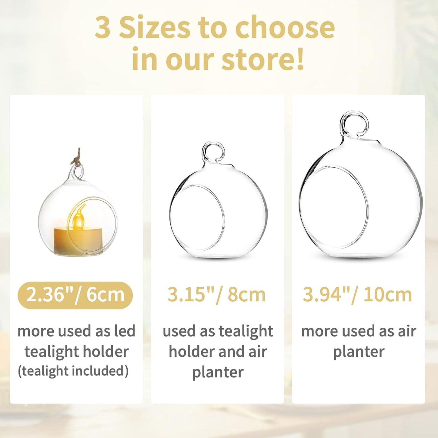 108 Pcs Mini Hanging Tealight Holder with LED Candles, 2.36in Hanging Glass Globes Candle Holder, Hanging Glass Terrarium Glass containers for Wedding Party Tree Decoration (Contains LED Candles)