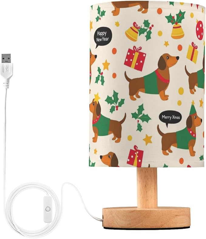 Cute Christmas Dachshund Dogs Table Lamp Bedroom Bedside Night Reading Desk Lamps Cylinder Nightstand Sleeping Light Lamp for Xmas Party Living Room Office Decor