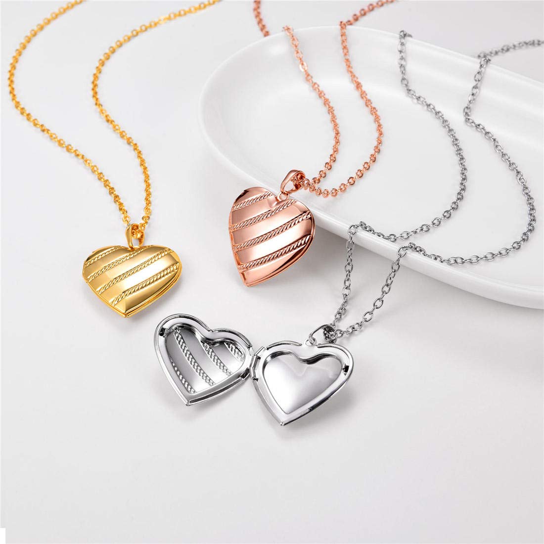U7 Platinum Stripe Memorial Photo Locket Necklace for Women, Heart Pendant with Picture or Urn Ashes Compartment, Hypoallergenic
