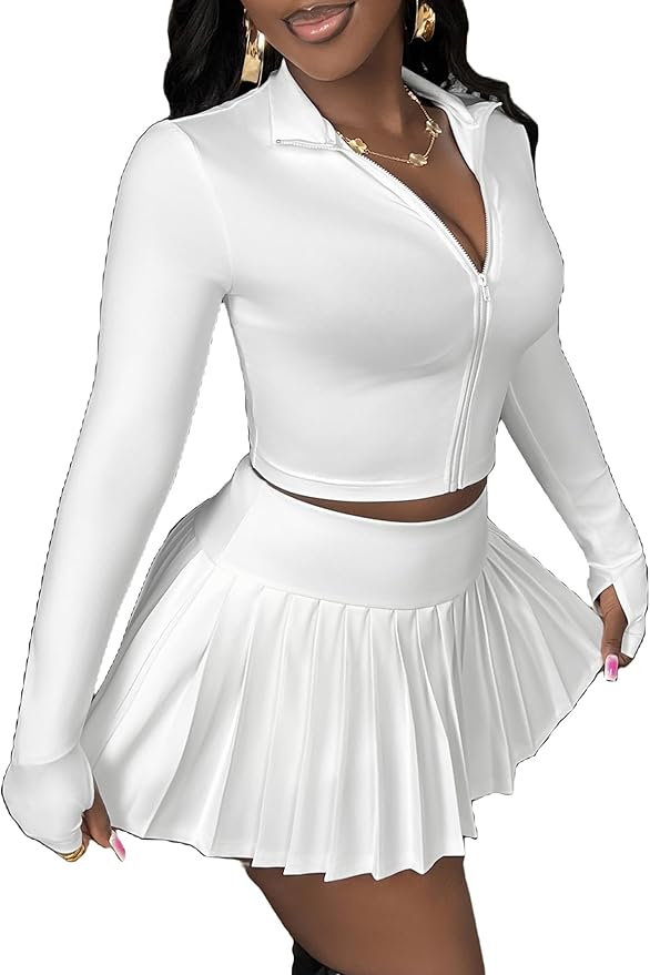 SOLY HUX Women's Skirt Sets 2 Piece Outfits Long Sleeve Crop Top with Pleated Mini Skirt Set Party Outfits for Women