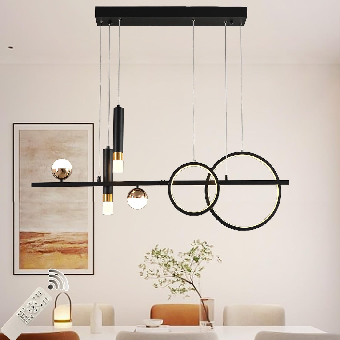 Siittoo Modern Dimmable LED Linear Pendant Light, 39.4IN, Black Gold, Model FM7449, Remote Control, Ideal for Dining Room and Kitchen Island