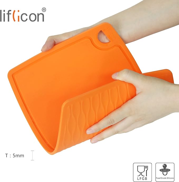 Liflicon Thick Silicone Cutting Board 12.6'' x 9.1'' Juice Grooves Easy Grip Handle Dishwasher Safe-Orange