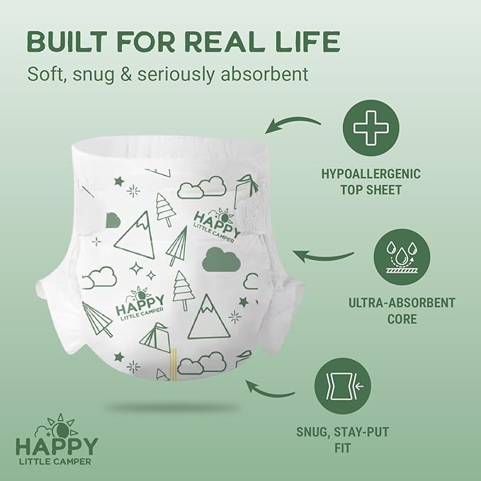 Happy Little Camper Super Saver Diapers, Size 5, 200 Count | Budget-Friendly Disposable Diapers for Sensitive Skin | Hypoallergenic, Fragrance-Free, Ultra Absorbent