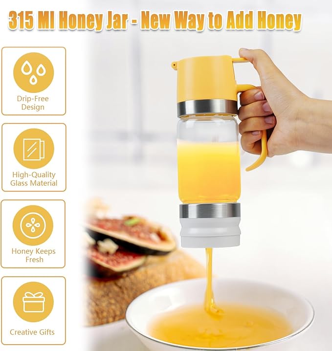 Honey Dispenser No Drip with Base 2025 Upgrade, 12 OZ Glass Honey Jar pot with Handle, Syrup Dispenser for Coffee or Tea, Mess Free Honey Dispenser for Honey and Syrup, Honey Container