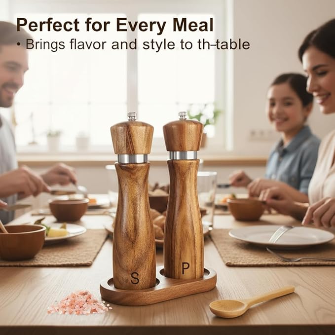 Wooden Salt and Pepper Grinder Set,salt grinder refillable,Adjustable Coarseness,Crafted of Solid Acacia Wood with Ceramic/Stainless Steel Core|Along withl Spoon,Tray,8in,2pack,easy to clean