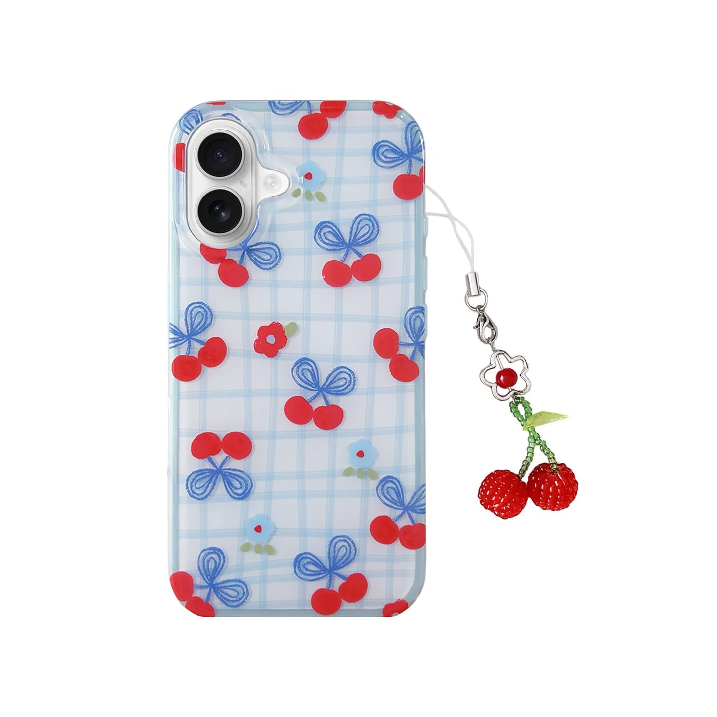 Cherry Blue White Checkered Phone Case with Charm for iPhone 13 Pro Max 6.7in,Cute Chic Plaid Striped Aesthetic Design Gloss Cle