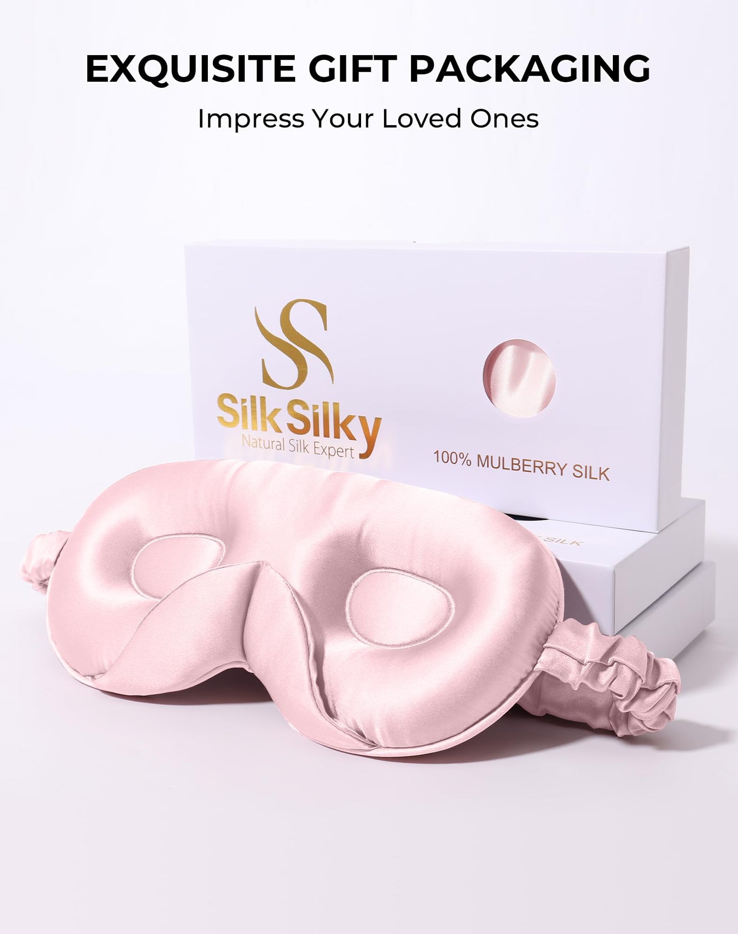SilkSilky 100% 22 Momme Mulberry Silk Sleep Mask – Upgraded 3D Contoured Eye Mask with Nose Wing Pads & Adjustable Strap, Luxury Blackout Eye Cover for Women & Men (Pink)