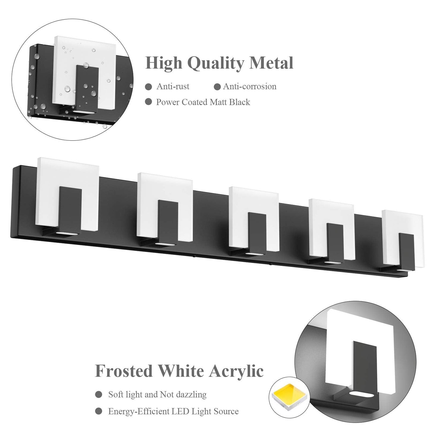 Aipsun Modern Black Vanity Light - 5 Lights, Aluminum, Led, 6000K, Bathroom Wall Fixture Over Mirror