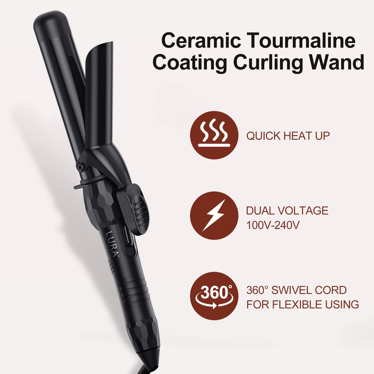 LURA 1 1/4 Inch Curling Iron with Ceramic Tourmaline Barrel, Dual Voltage Hair Curler with 2 Heat Settings (320?-410?), Curling