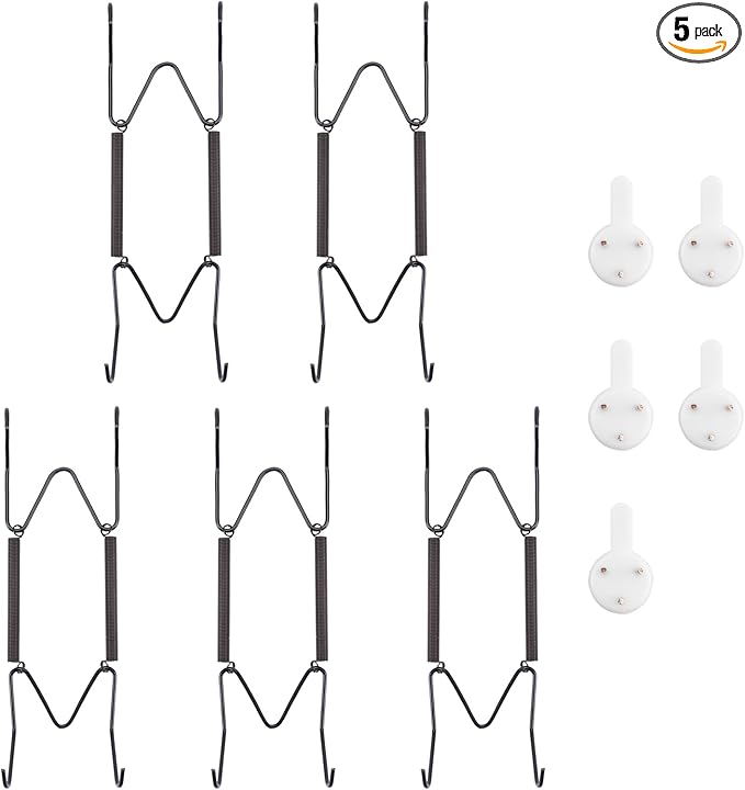 5 Pack Plate Hangers for The Wall, Suitable for 6-8 inch Art Plate, Stainless Steel Invisible Heavy Duty Wire Plate Holder with Wall Hooks, Plate Hangers for Displaying Plates, Platter, Dish, Black