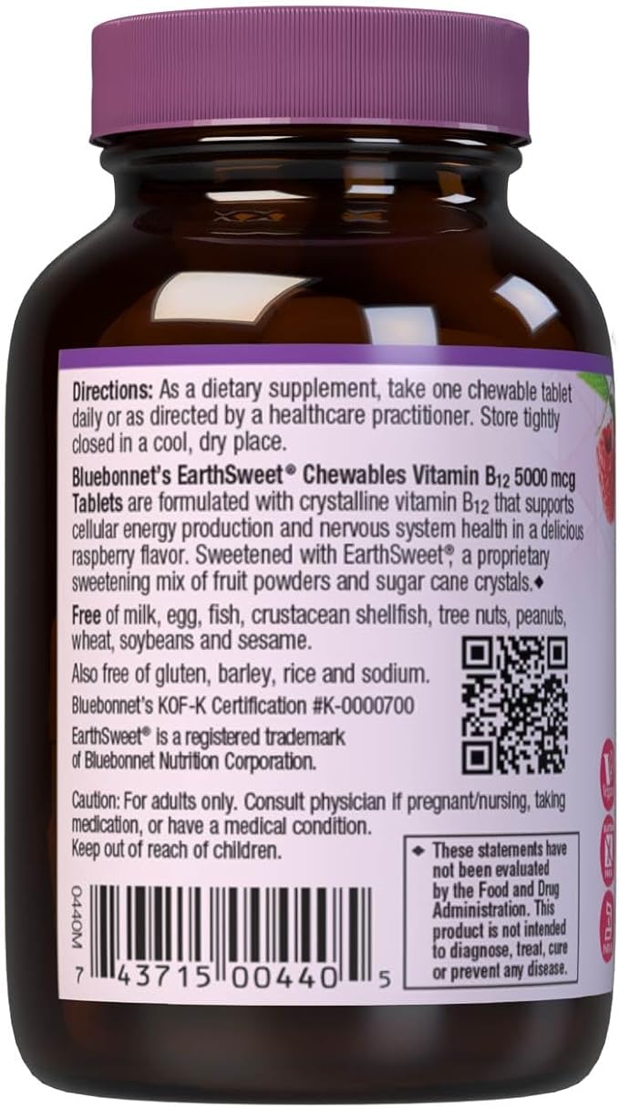 Bluebonnet Nutrition Earth Sweet Vitamin B12 5000 mcg Chewable Tablets, Soy-Free, Gluten-Free, Kosher Certified, Dairy-Free, Vegan, Raspberry Flavored, 30 Chewable Tablets, 30 Servings