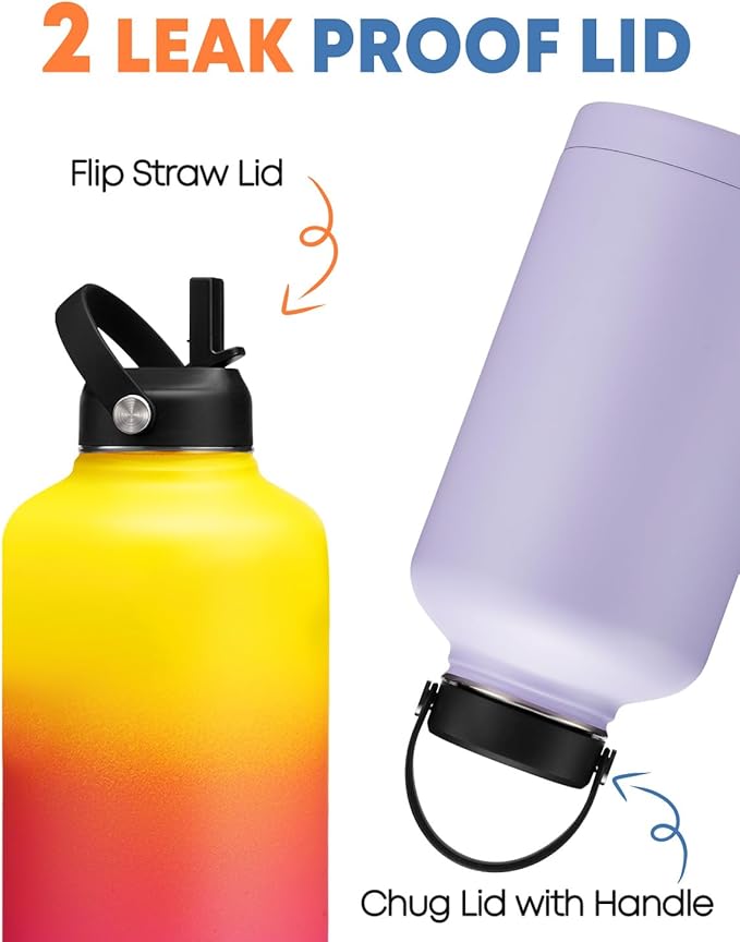 64oz Stainless Steel Water Bottles with Straw - Flex Lids, Shoulder Carrier Bag, Protective Cup Mat, 1/2 Gallon Metal Water Jug BPA Free, Vacuum Thermo Water Bottle for Women Men, Gym Outdoor Working