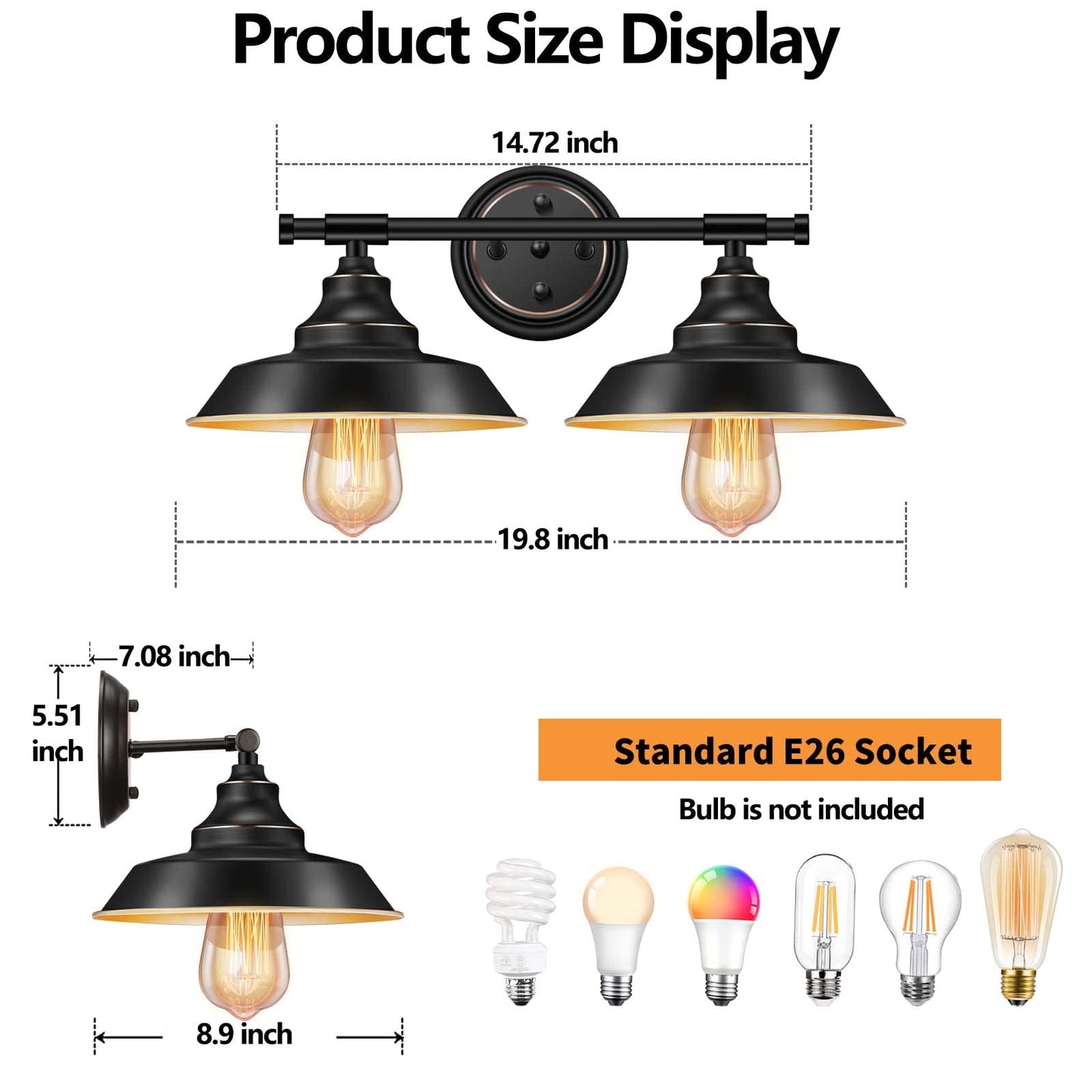 Elibbren Vintage 2-Light Wall Sconce, Matte Black Metal Bath Fixture, 2 Pack