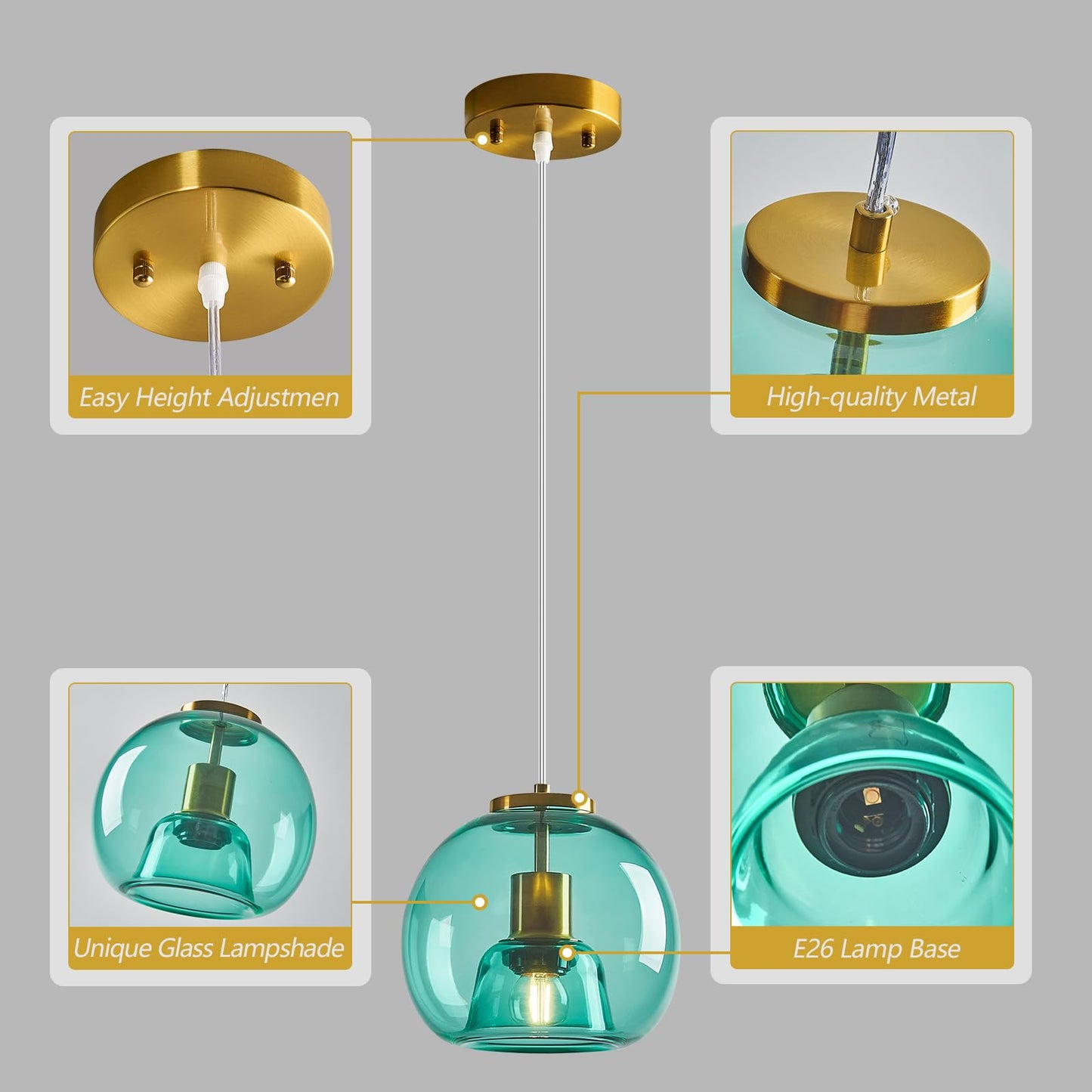 Lbsqj Light Blue Glass Pendant Lights Kitchen Island Gold Hanging Light Fixture Glass Globe Pendant Light Modern Pendant Lighting For Kitchen Island Bedroom Dining Room (7.87  1 Pack)