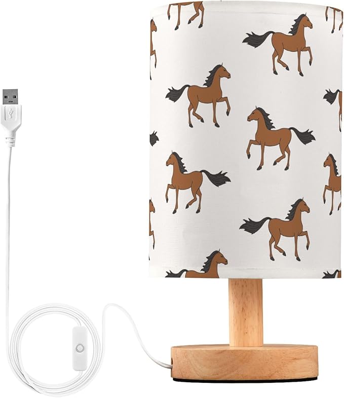 Table Lamp Brown Horse Pattern Nightstand Lamp with Wood Base Fabric Lamp Shade Bedside Desk Lamp for Living Room Bedroom Kids Room Office