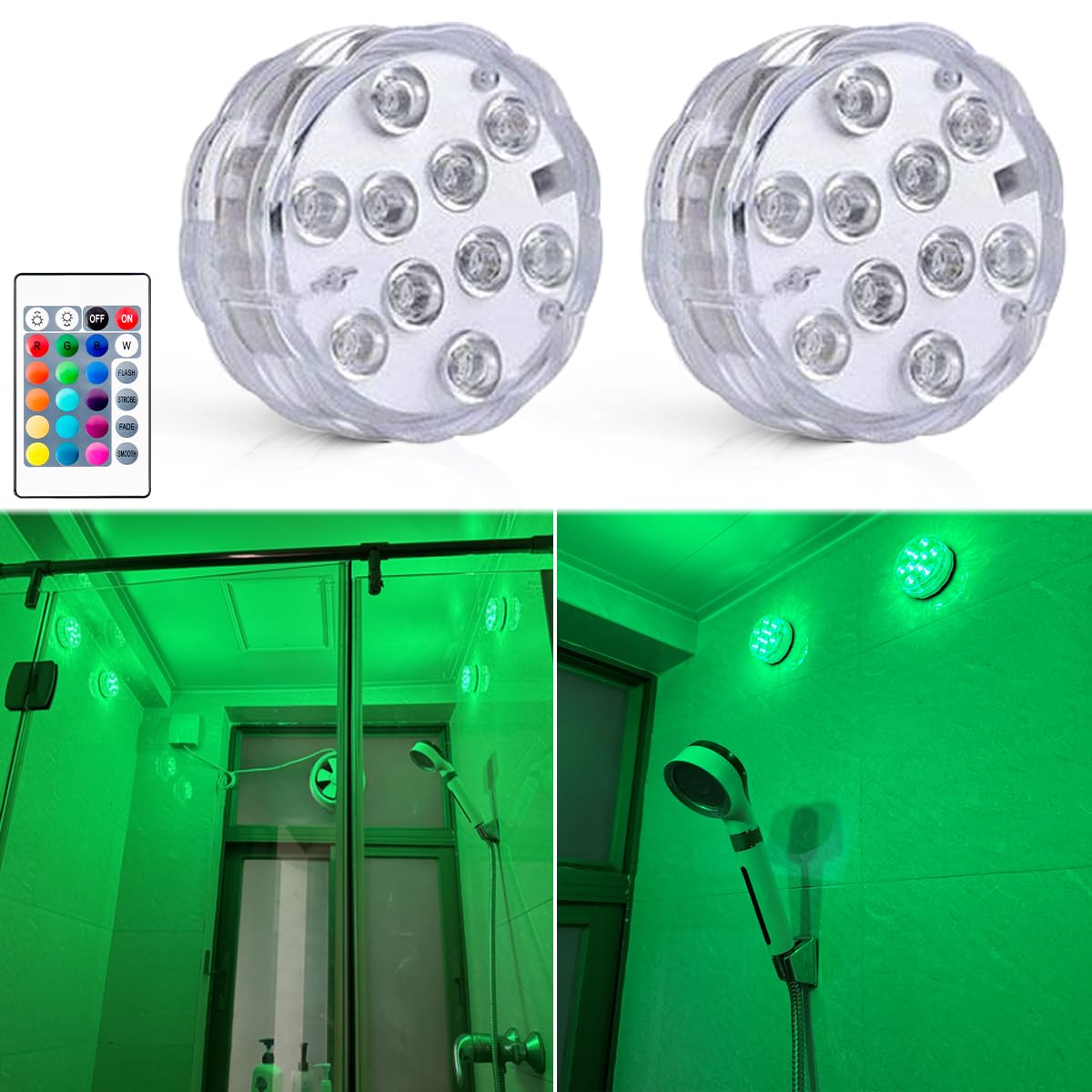 Seagenck Bathroom Lights Wireless Battery Operated  Waterproof Led Glow Light For Bath Shower Spa Vanity Lights  For Over Mirror Wall Ceiling Lights  Rgb Multi Color Remote Controlled  2Pcs
