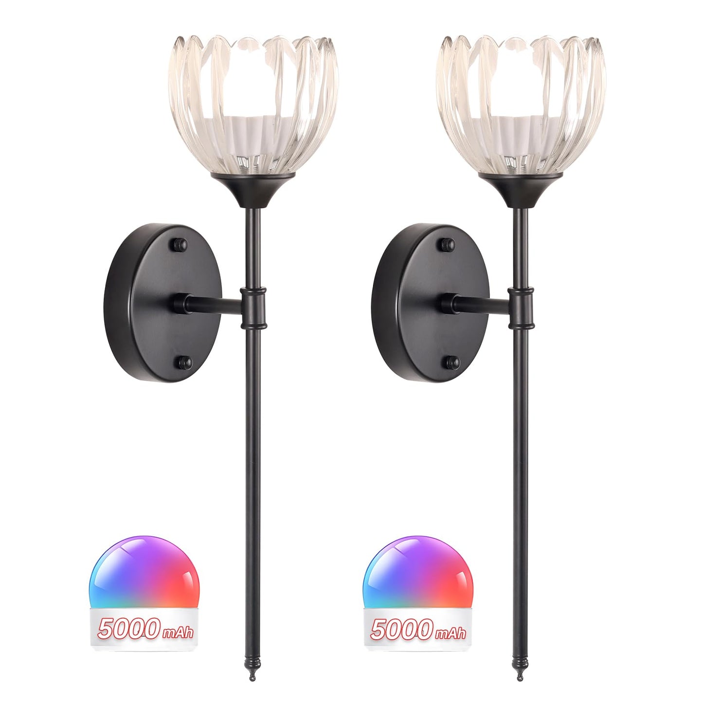 Shenmoyl Battery Operated Wall Sconce Set Of 2  Clear Tulip Vintage Wall Light Fixture Rechargeable 5000Mah Battery Powered Wall Lamp With Remote For Living Room Bathroom  Black