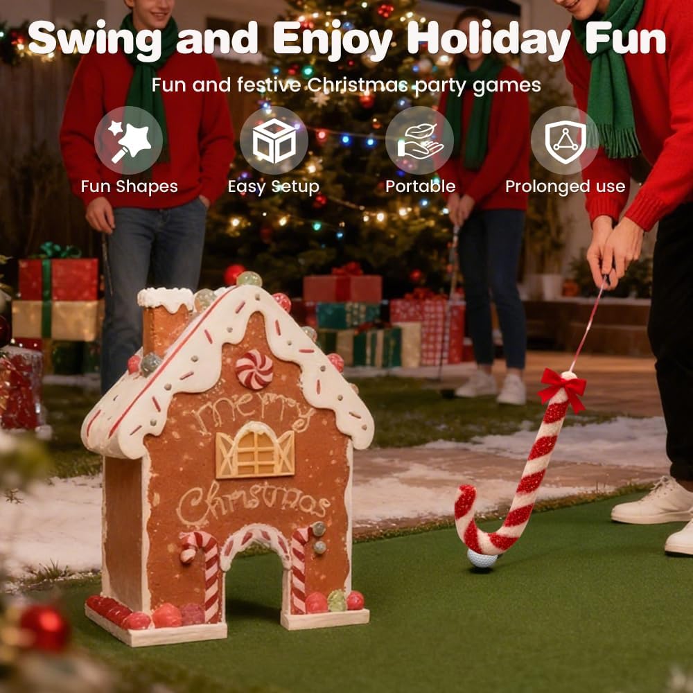 Gingerbread Golf Game Set, 2026 New Christmas Mini Golf Course with Candy Cane Clubs 6 Balls, Funny Indoor Gingerbread House Golf Game Kit for Family Holiday Party (1set 6balls)