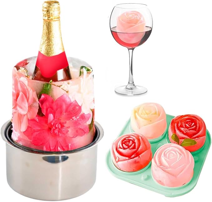 MANA SOUL Ice Bucket for Freezer - Wine Ice Bucket with 3D Rose Ice Molds, Champagne Ice Mold, Ice Mold Wine Bottle Chille...