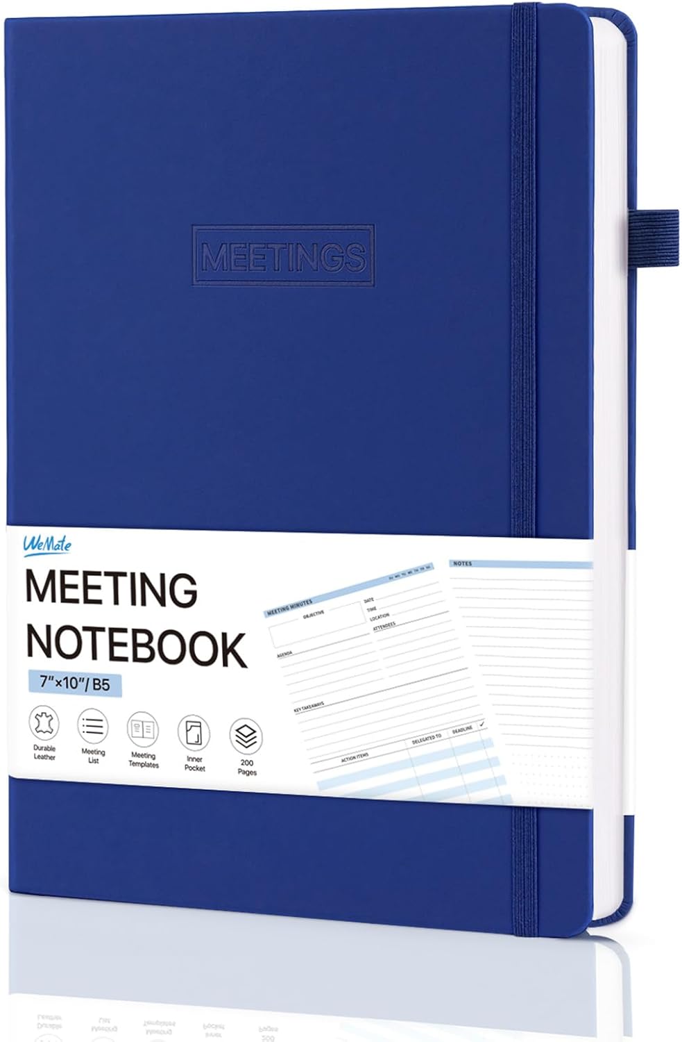 WEMATE Meeting Notebook for Work, Work Planner Notebook with Action Items, B5 Size Project Planner, Easily Take Meeting Notes & Keep Agendas on Track, Calender, Index Page, Inner Pocket, 7×10 Inch, Dark Blue