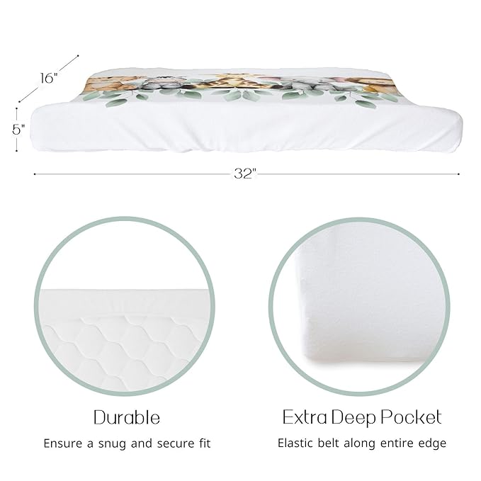 HawSkgFub Safari Jungle Baby Animal Leaf Changing Pad Cover, Natural Elephant Giraffe Zebra Lion Tiger Diaper Change Table Covers, Soft Stretchy Safe Snug Fitted Changing Mat Sheets Fit 32"/34" x 16"
