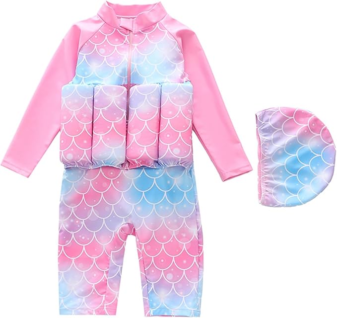 Kids Floatation Swimsuits Boys Girls One Piece Long Sleeve Bathing Suits Zip Up Rash Guard Buoyancy Beach Swimwear with Cap
