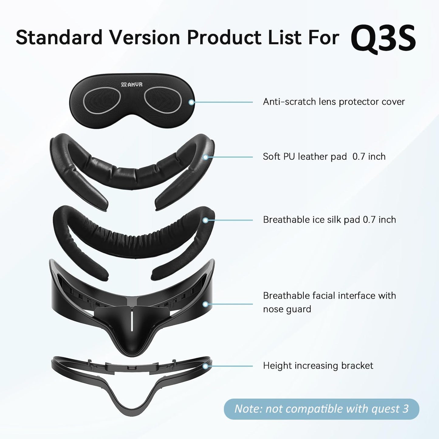 AMVR Facial Interface Face Pad Cover Compatible with Meta/Oculus Quest 3S Accessories, Comfort PU and Ice Silk Cotton Cushion,Not Fit Q3