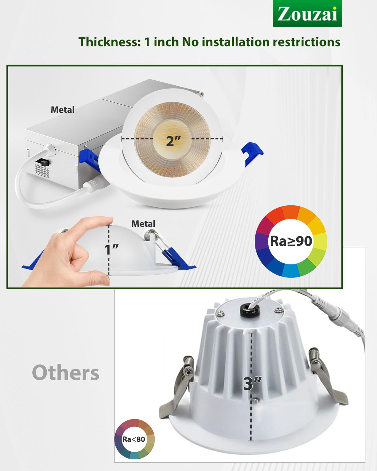Zouzai 2 Inch 5Cct Gimbal Led Recessed Lighting With Junction Box  360+90 Adjustable Recessed Can Lights  2700K/3000K/3500K/4000K/5000K Selectable  5W Eqv 50W  550Lm Brightness - Etl (White 6 Pack)