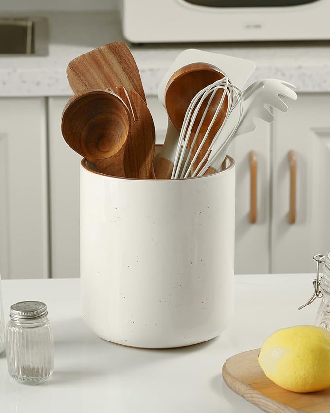 getstar Kitchen Utensil Holder, Large Ceramic Cooking Utensil Holder (H7.2” x W6.2”) for Kitchen Counter with Cork Mat at Bottom (White)