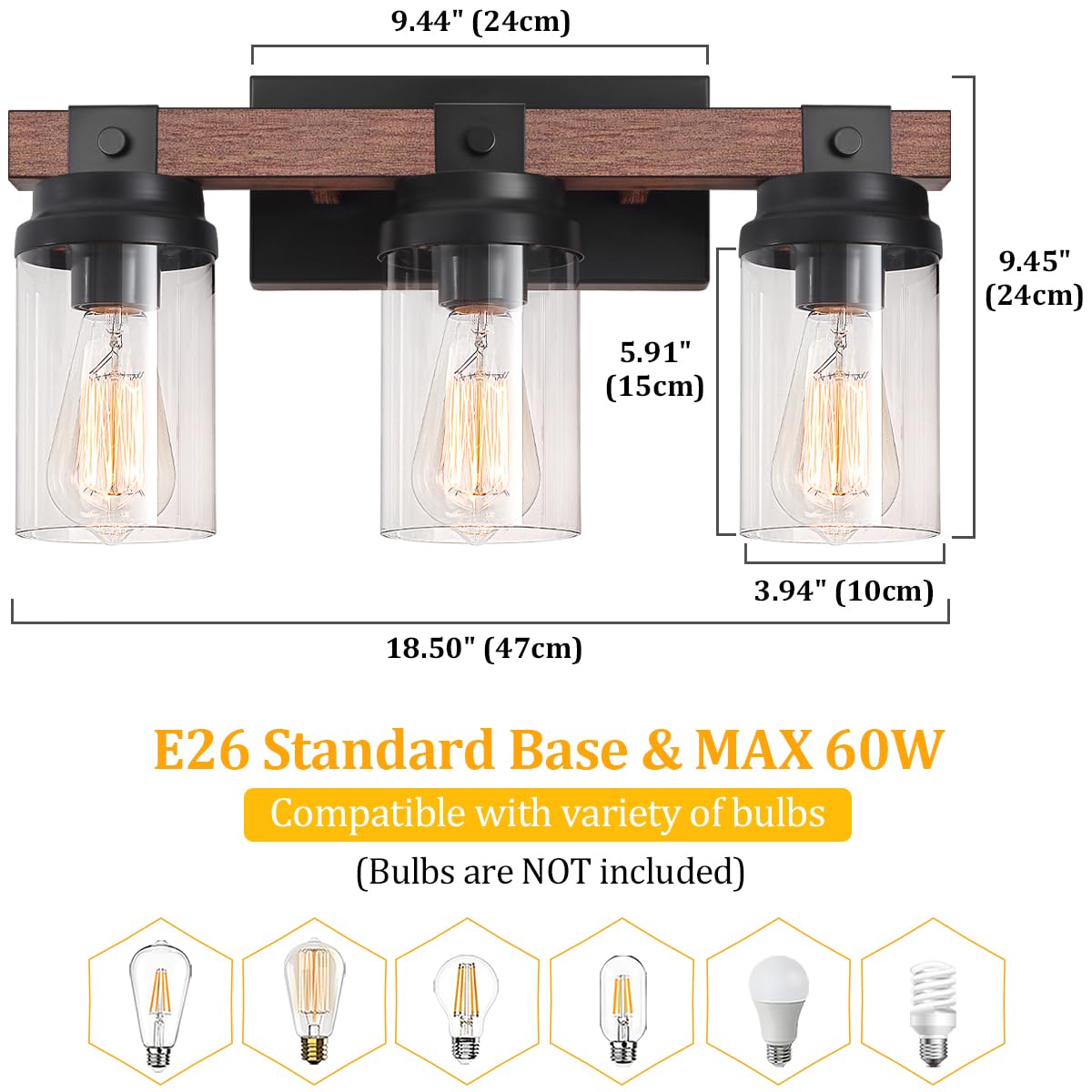 ZSMIHDOH 3 Light Vanity Light, Rustic Black Metal with Clear Glass Shade, 3 Lights, Farmhouse Style