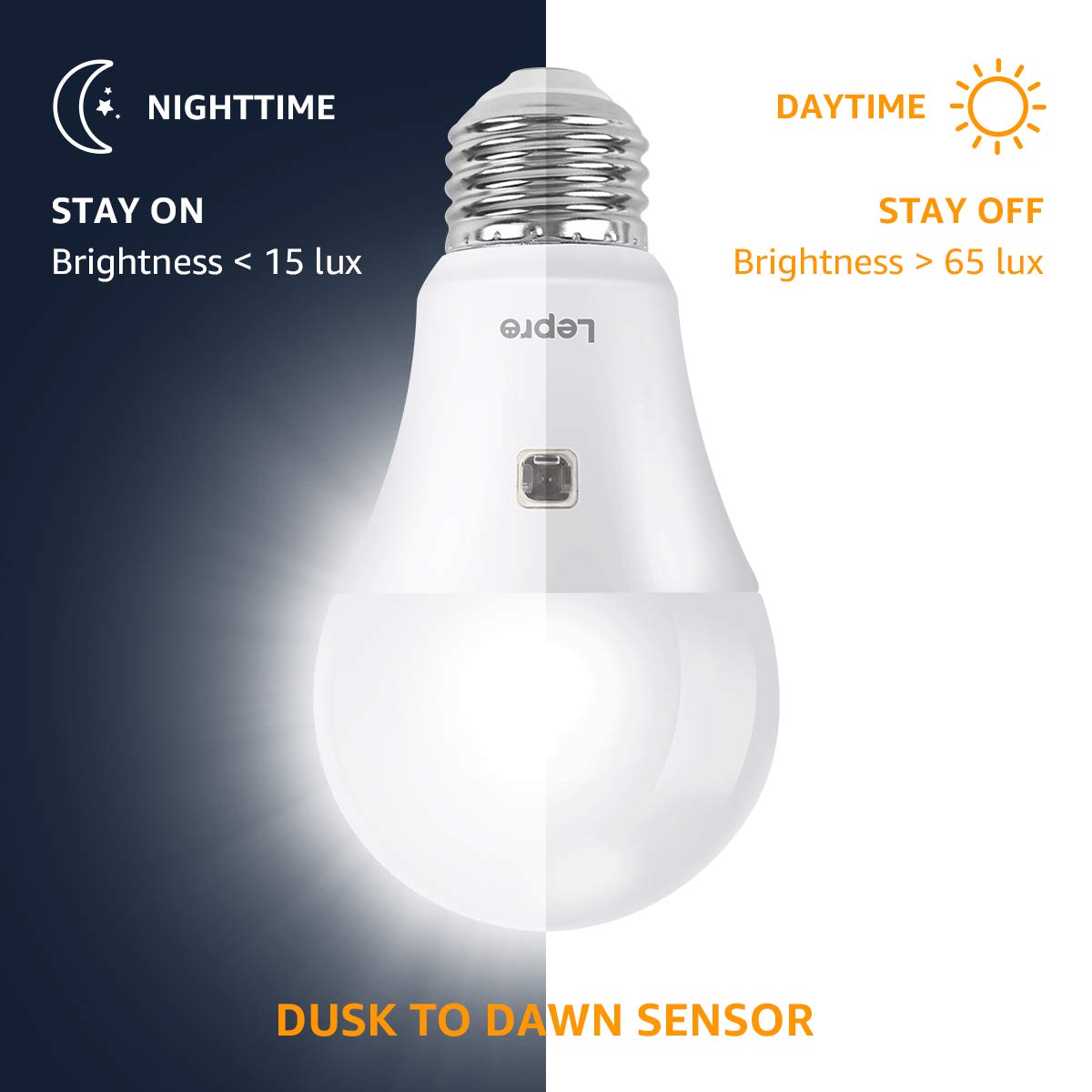 Lepro Dusk to Dawn LED Light Bulbs, 9W 806 Lumens, A19 E26 Base, Daylight White, 2 Count, Model 100082-DW-US-