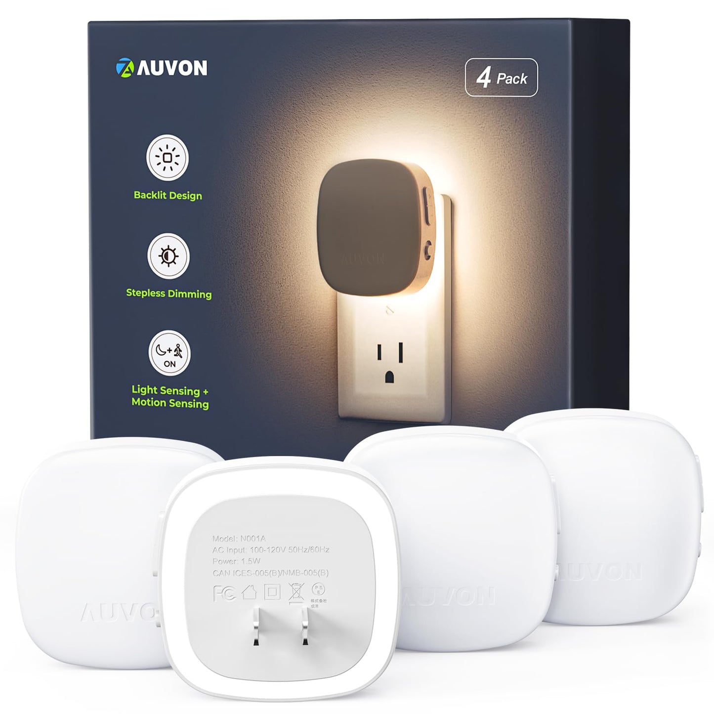 AUVON LED Night Light with Motion Sensor, Dimmable 1-50 lm Brightness, Cool White, 4 Pack, Model N001A