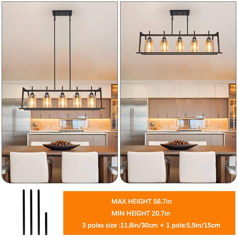 Dsmjfu Matte Black Farmhouse Dining Room Lighting Fixture  5-Light Linear Pendant Lighting  Rectangle Kitchen Light With Amber Glass Shades  Adjustable Height Rectangle Hanging For Kitchen Table