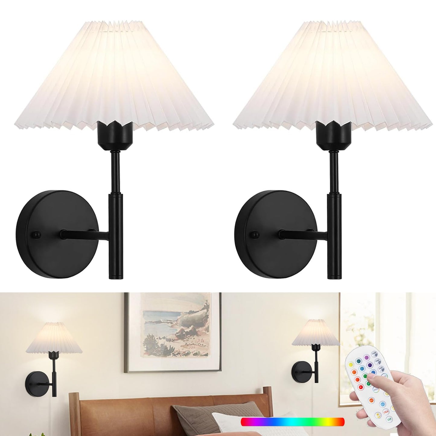 XIGUCUCN Battery Operated Wall Sconces Set of Two, Remote Control, Dimmable, 15 Color Changing, Black, Model XG-WL06BK