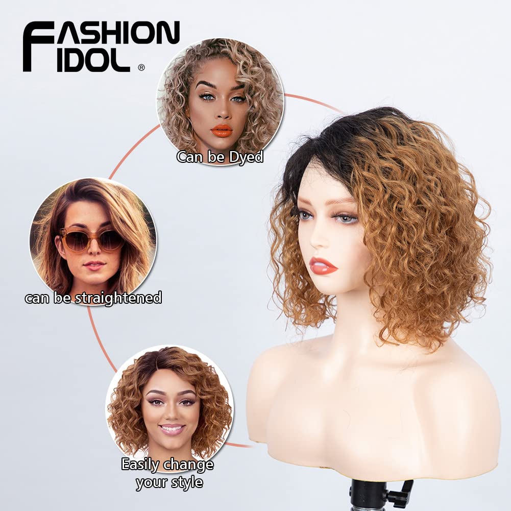 FASHION IDOL Short Deep Wavy Lace Bob Wig for Women 10 Inches Kinky Curly Human Hair Side Part Shouder Lenth Wig 150% Density