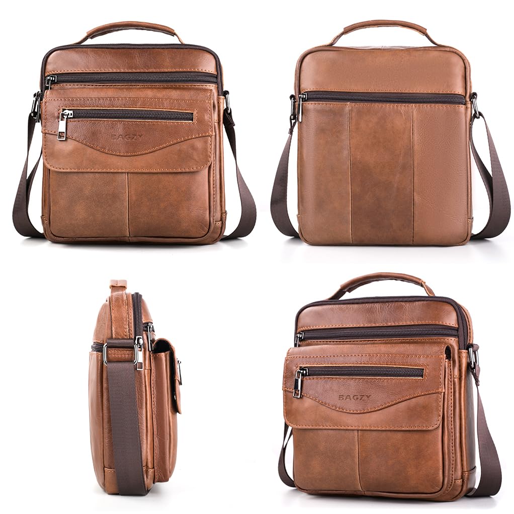 BAGZY Leather Messenger Bag for Men Shoulder Bag for Mens Handbag Crossbody Bag Large Sling Bags for 11 inch IPad Travel Business with Adjustable Shoulder Strap Brown