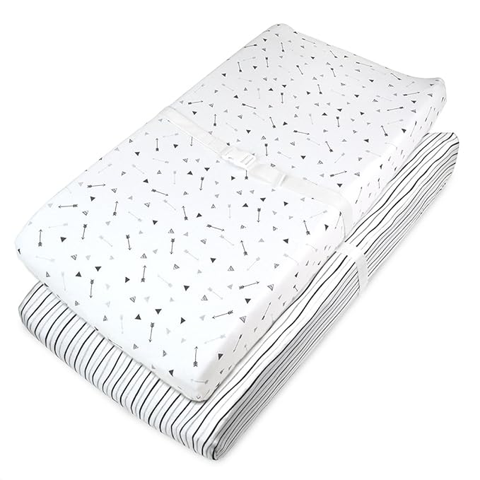American Baby Company 2 Pack Printed 100% Cotton Knit Fitted Contoured Changing Table Pad Cover - Compatible with Mika Micky Bassinet, Silver Black Arrow/Stripe, for Boys and Girls