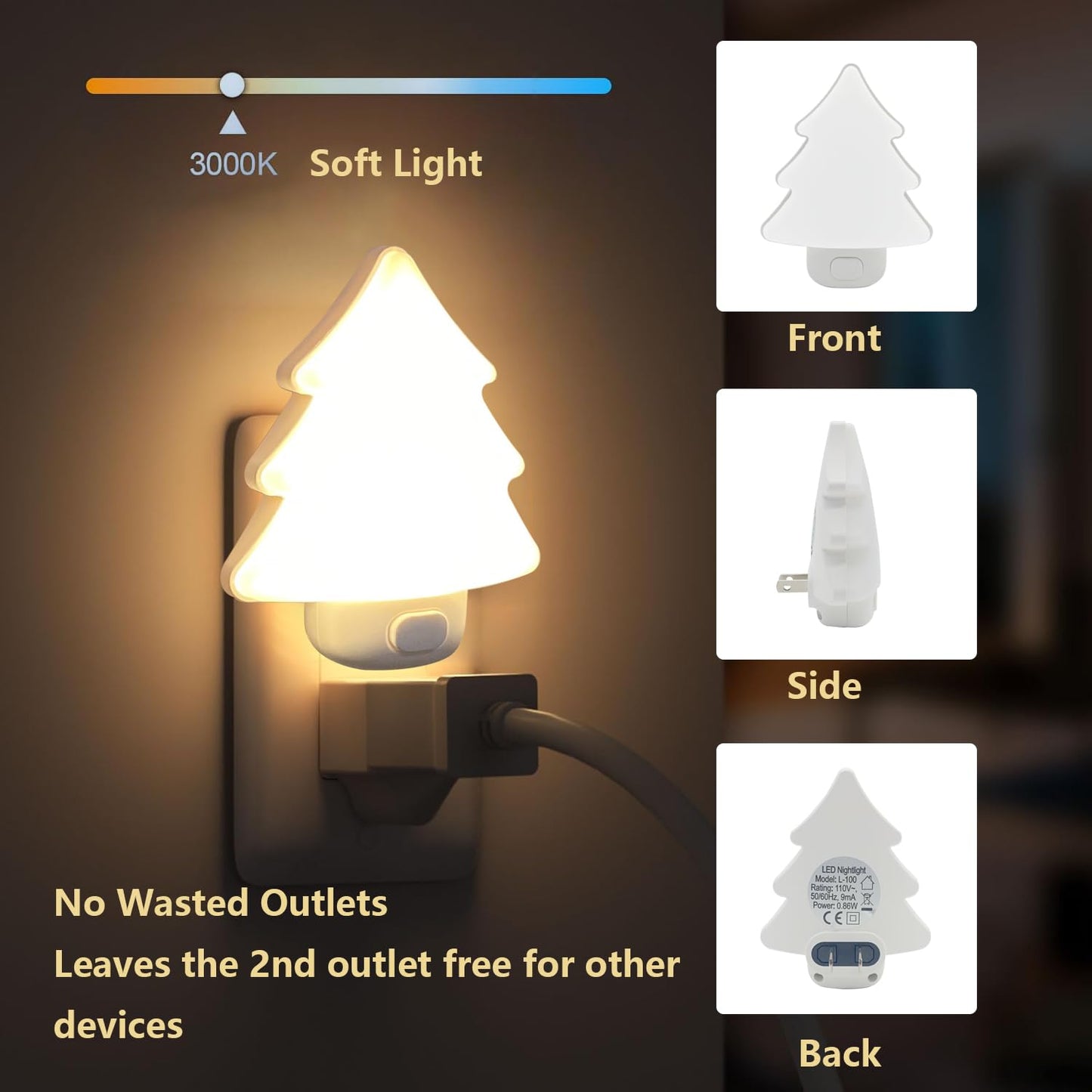 Led Night Light Christmas Tree Lights Plug Into Wall [2 Pack] With Manual On-Off  Dimmable Nightlights Warm/White Wall Art For Home Decor Bathroom Hallway Bedroom Kids Room Apartment  White