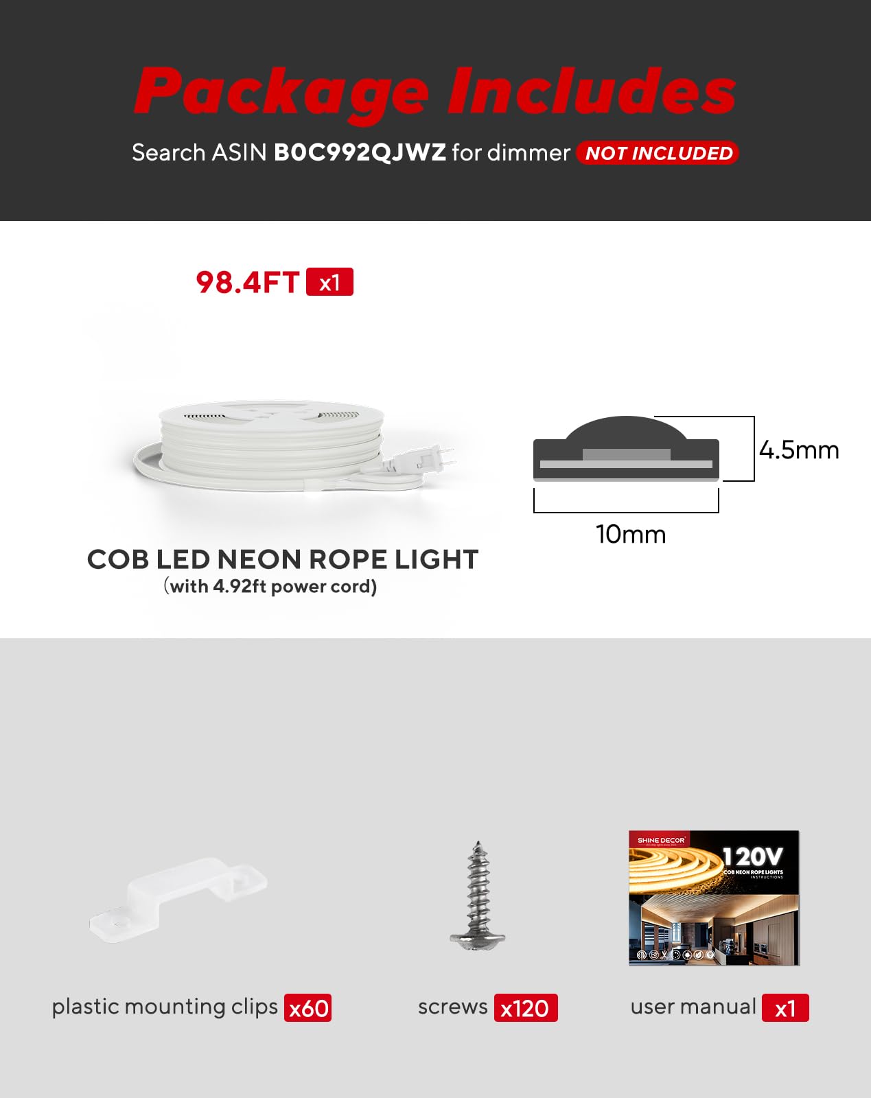 Shine Decor Cob Led Rope Light Ac 120V  800Lm Ultra Bright  Ip65 Waterproof Cold-Resistant Etl Neon Strip  No Driver Tape Lighting For Home Commercial 10X4.5Mm  6000K Cool White  98.4Ft