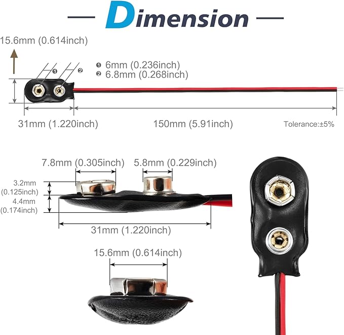 CHANZON UL Wires 10Packs 9v Battery Connector Clip with Leads Wires Harness Holder I-Type Plastic Housing Pigtail Snap for 9volt Terminal