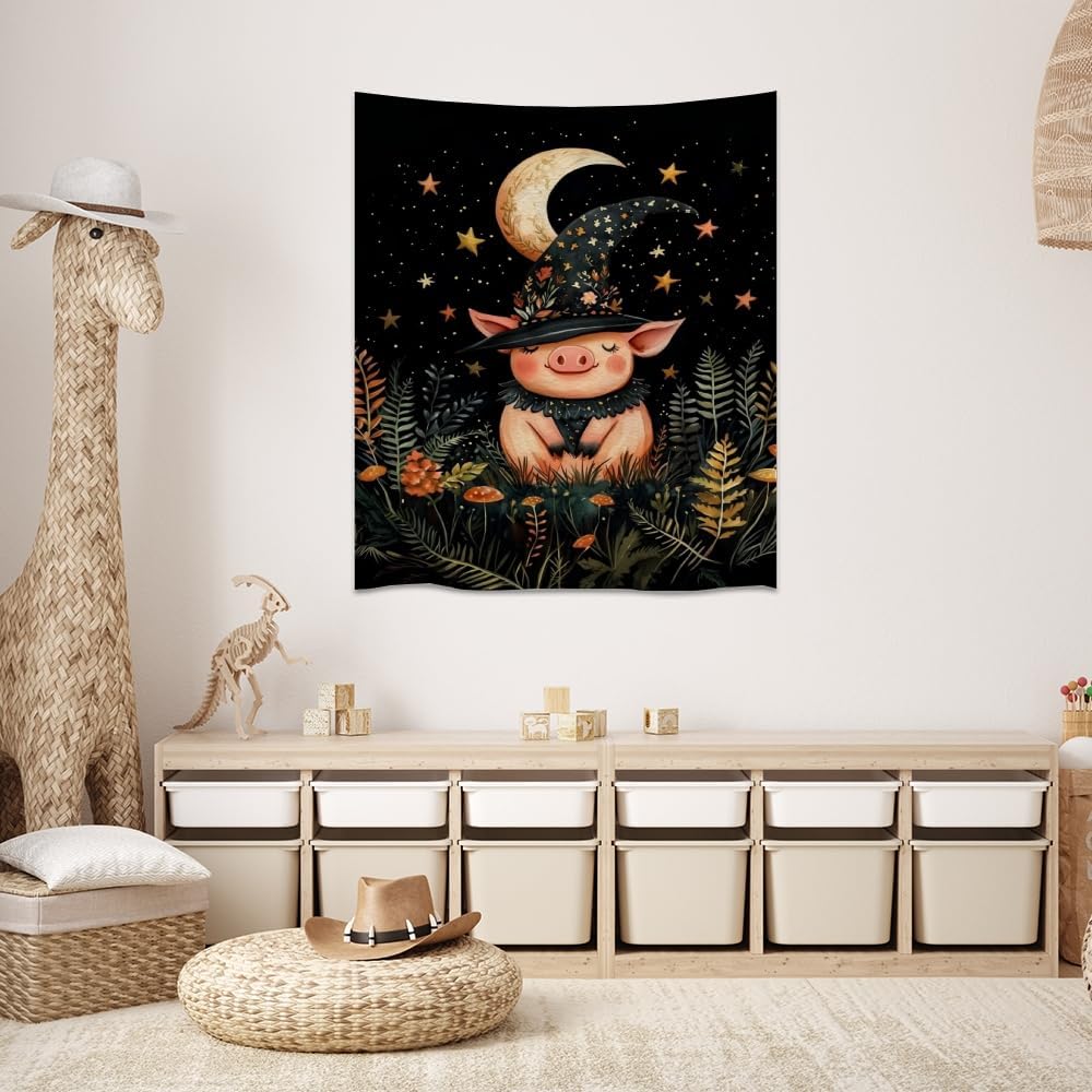Whimsical Witch Pig Tapestry Wall Hanging Cute Farmhouse Animal Tapestry Aesthetic Moon and Stars Pictures Print Cottagecore Witchy Halloween Artwork Tapestries Decor for Living Room Bedroom 40x60inch