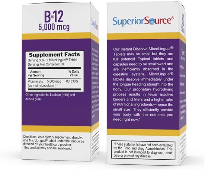 Superior Source No Shot Methylcobalamin B-12 5000 mcg - Vitamin B-12 to Support Energy Production, Brain Health & Overall Wellness - Sublingual Tablets for Fast Absorption - 60 Dissolving Tablets
