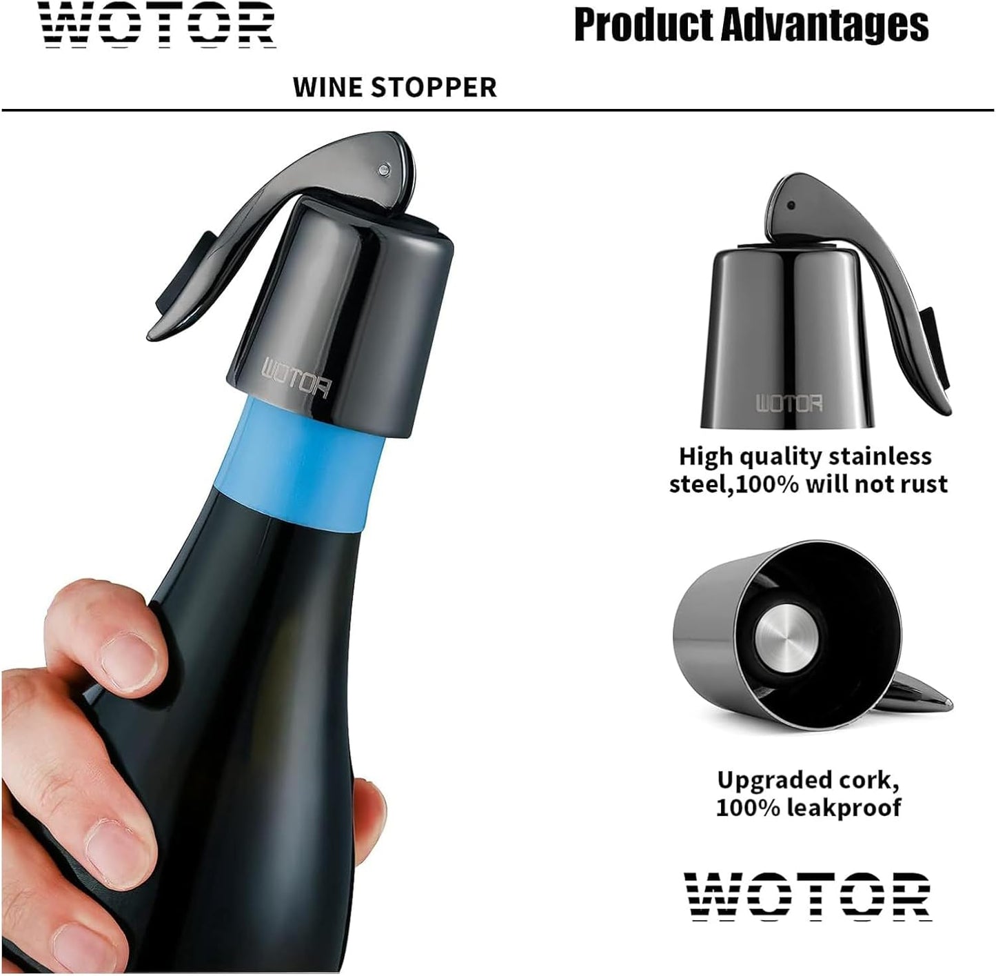 WOTOR Stainless Steel Wine Bottle Stoppers with Silicone - Reusable Wine Saver and Decorative Bottle Sealer, Leakproof, Keep Fresh, Metalblack, 2 Pack