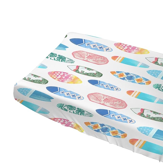 Colorful Surfboards Baby Changing Pad Covers for Boy Girl 32''x16'' Hawaiian Tropical Beach Surfing Fitted Diaper Change Table Mats Boho Summer Ocean Sports Soft Nursery Cradle & Bassinet Sheets