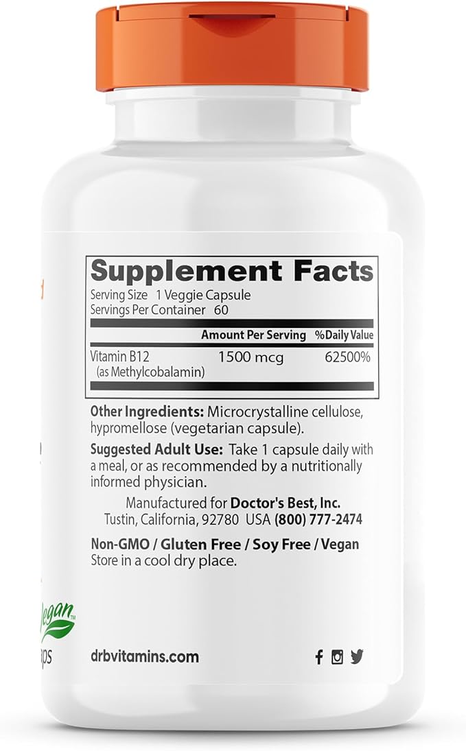 Doctor's BEST Fully Active B12 1500 mcg, Non-GMO, Vegan, Gluten Free, Supports Healthy Memory, Mood and Circulation, 60 Count (Pack of 2)