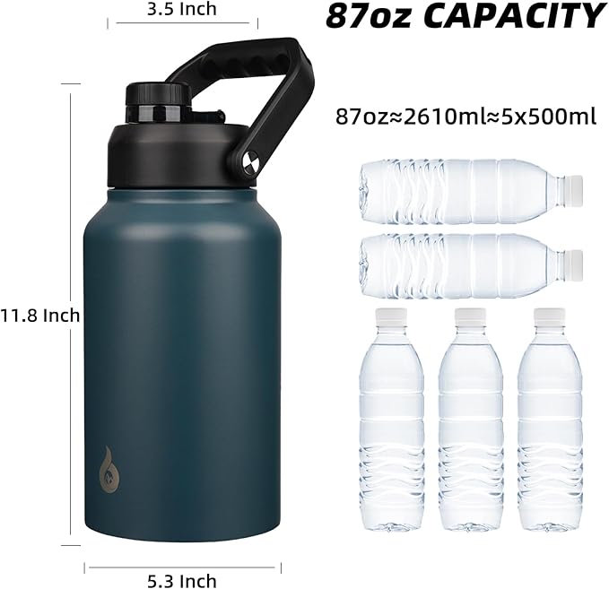 BJPKPK 87oz Insulated Water Bottle, Dishwasher Safe 2/3 Gallon Water Bottle with Ergonomic Handle, BPA Free Leak Proof Water Jug,Stainless Steel Metal Flasks with Anti-slip Bottom,Navy Blue